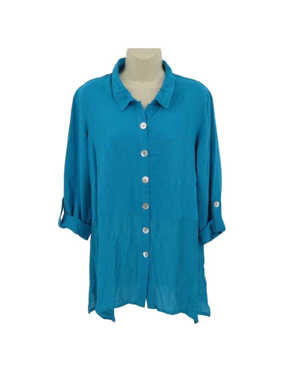 JOHN MARK Women Small Blue Collared Lagenlook Flowy Button Front Shirt Blouse